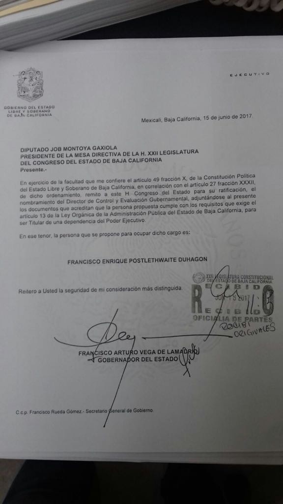 Oficio que contiene la propuesta de Contralor del Estado.