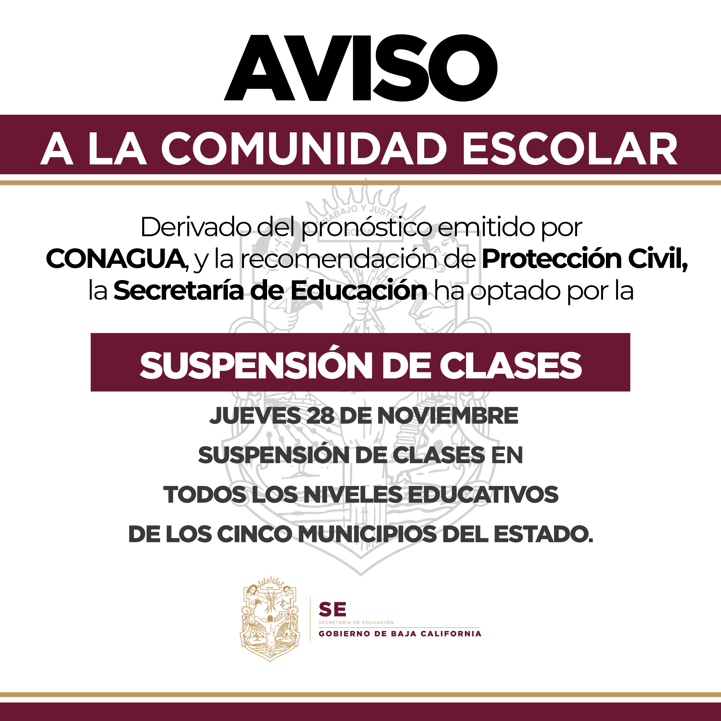 JUEVES 28 DE NOVIEMBRE SUSPENSIÓN DE CLASES EN TODOS LOS NIVELES