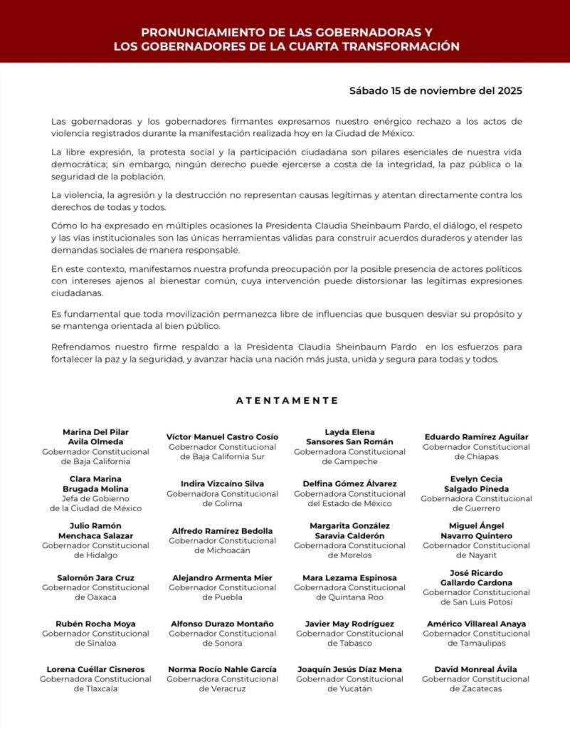 Rechazan gobernadores la violencia en manifestaciones, «siempre se garantiza la libertad»