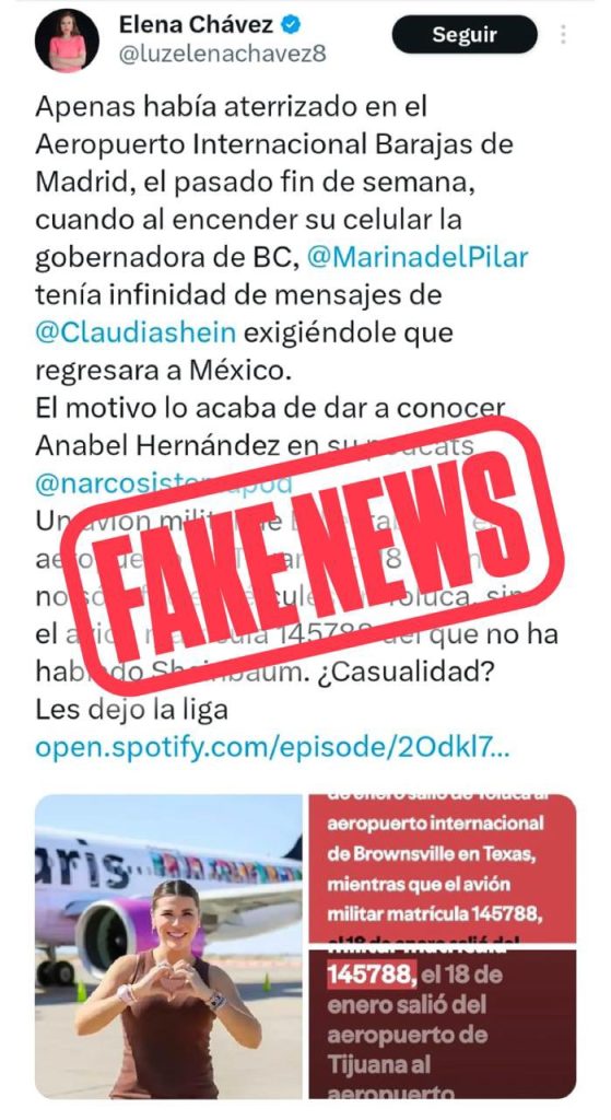 Falso que gobernadora Marina del Pilar estuviera en Madrid y avión militar de EUA en Tijuana: Gobierno del Estado