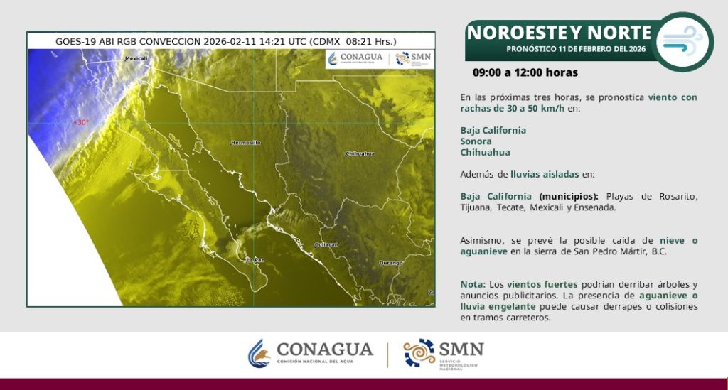 Frente Frío 34 para BC: lluvias y chubascos de entre 5 y 25 milímetros en Baja California