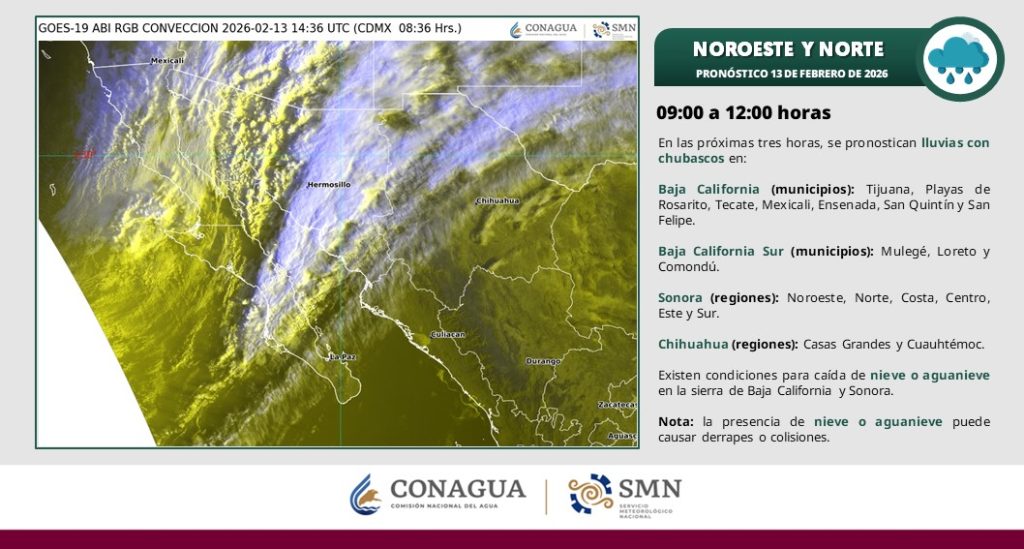 #Chubascos en zonas de #BajaCalifornia, #BajaCaliforniaSur, #Sonora y #Chihuahua, caída de #Aguanieve o #Nieve en sierras de Baja California y Sonora