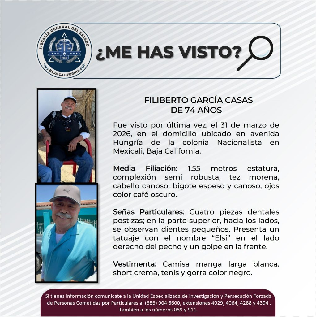 Desaparece Filiberto García Casas, de 74 años de edad