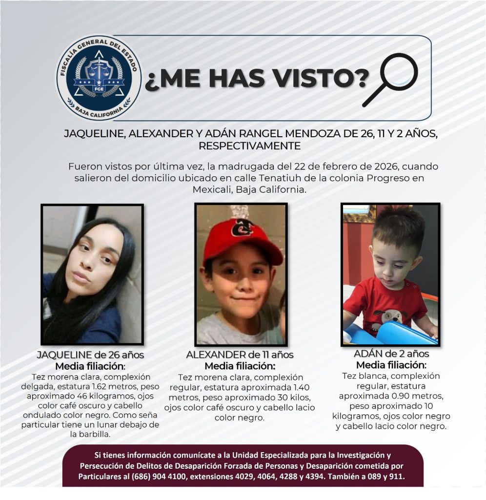 Lanzan búsqueda de Jaqueline, Alexander y Adán Rangel Mendoza de 26, 11 y 2 años de edad