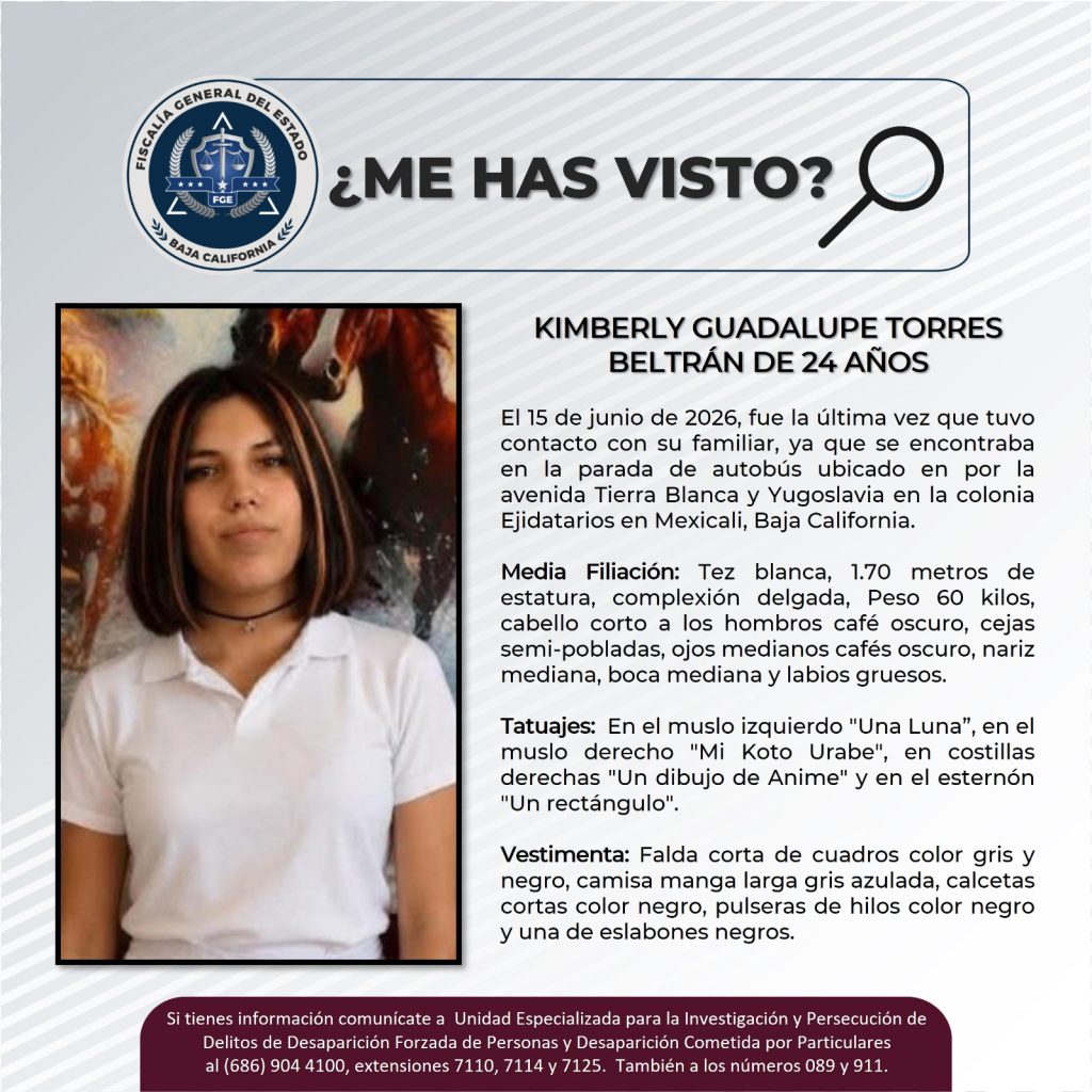 Buscan apoyo de ciudadanía para localizar a Kimberly Guadalupe Torres Beltrán de 24 años de edad