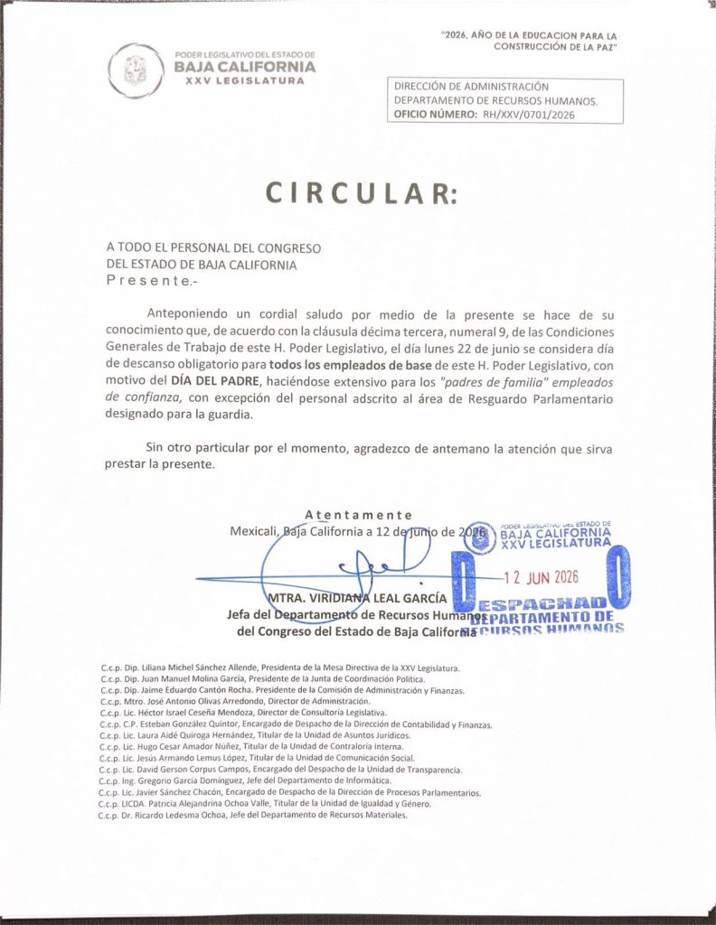 Todos los trabajadores del Congreso de BC festejarán el «Día del Padre» con descanso en lunes