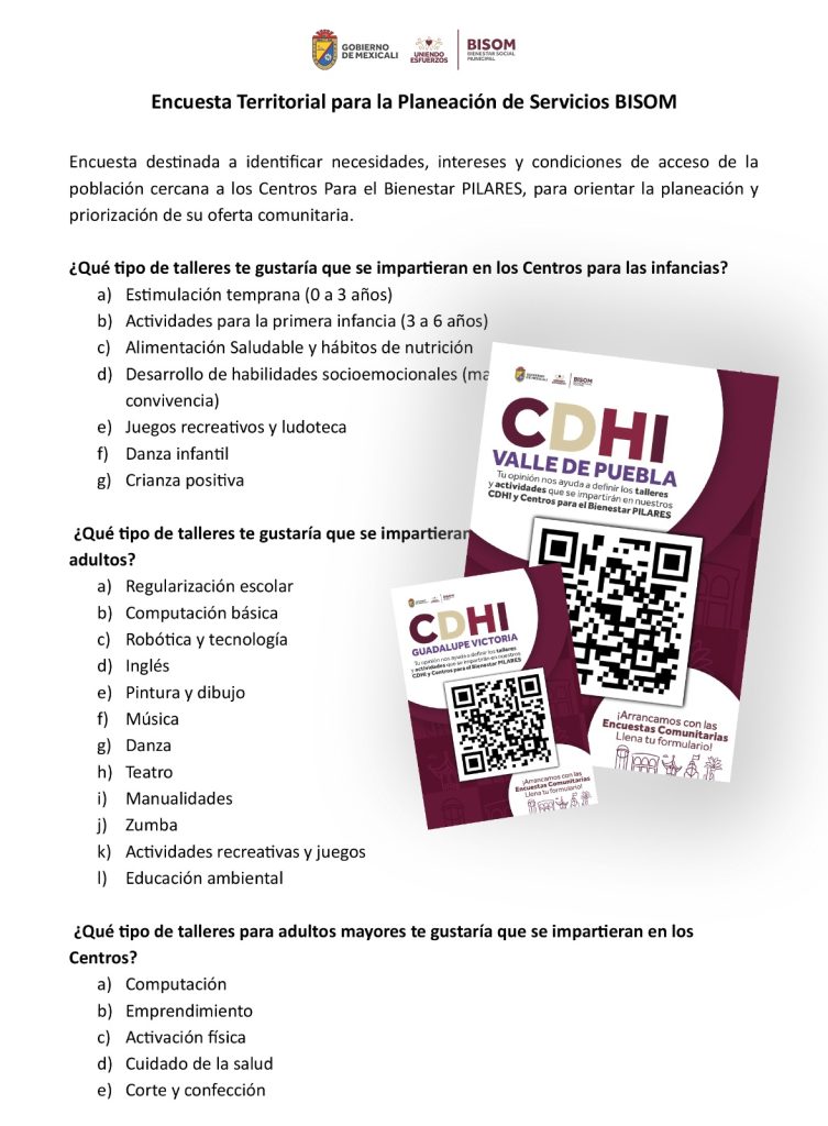 Gobierno de Mexicali invita a participar en encuesta para definor actividades de los centros para el Bienestar: Pilares