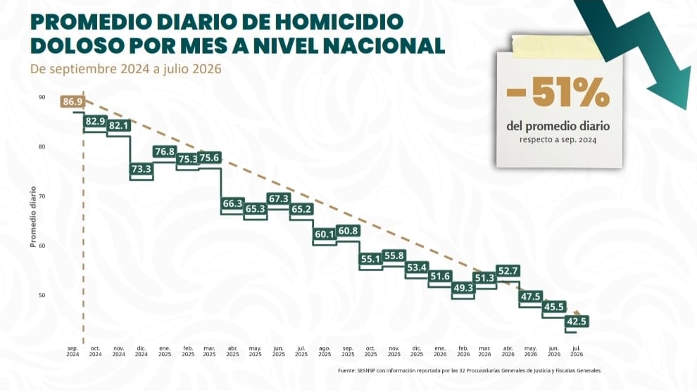 Disminuye 51% el promedio diario de homicidios dolosos en México; 7 estados concentran la mitad de los casos