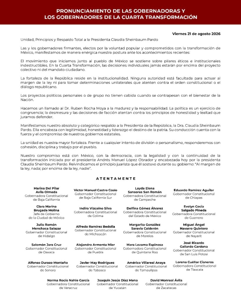 Pide gobernadores de Morena a Rocha Moya a actuar con madurez y responsabilidad.