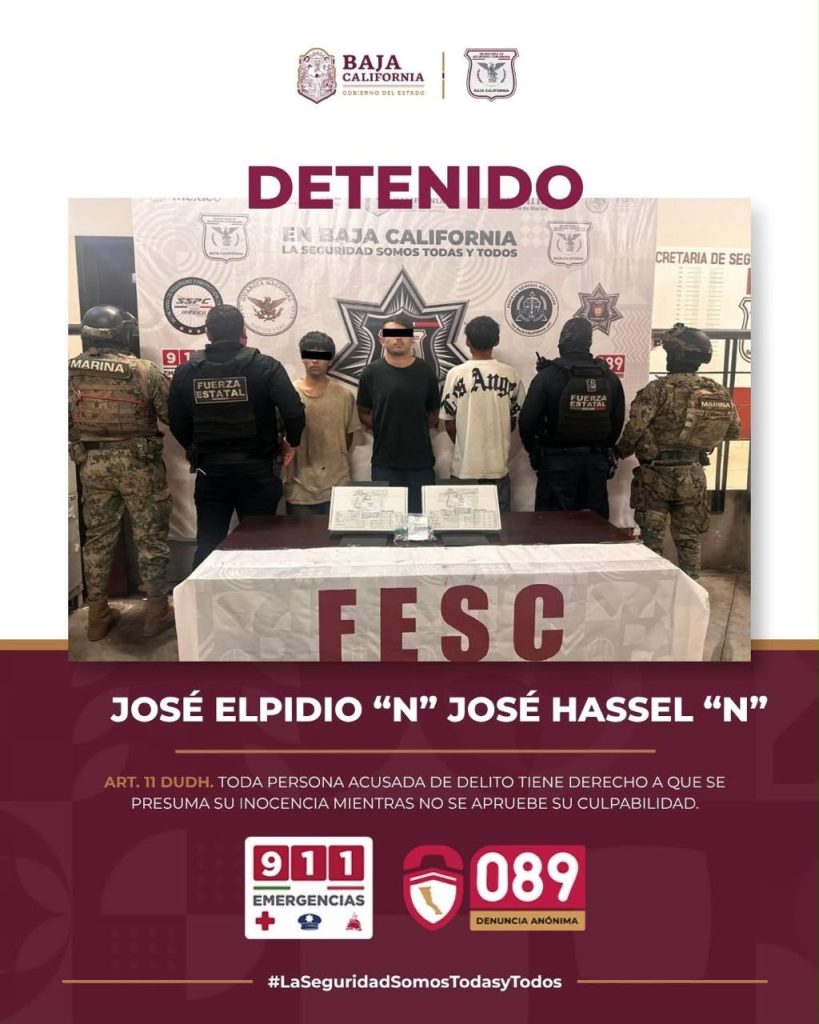 3 sujetos arrestados en Tecate con armas de fuego y cocaína