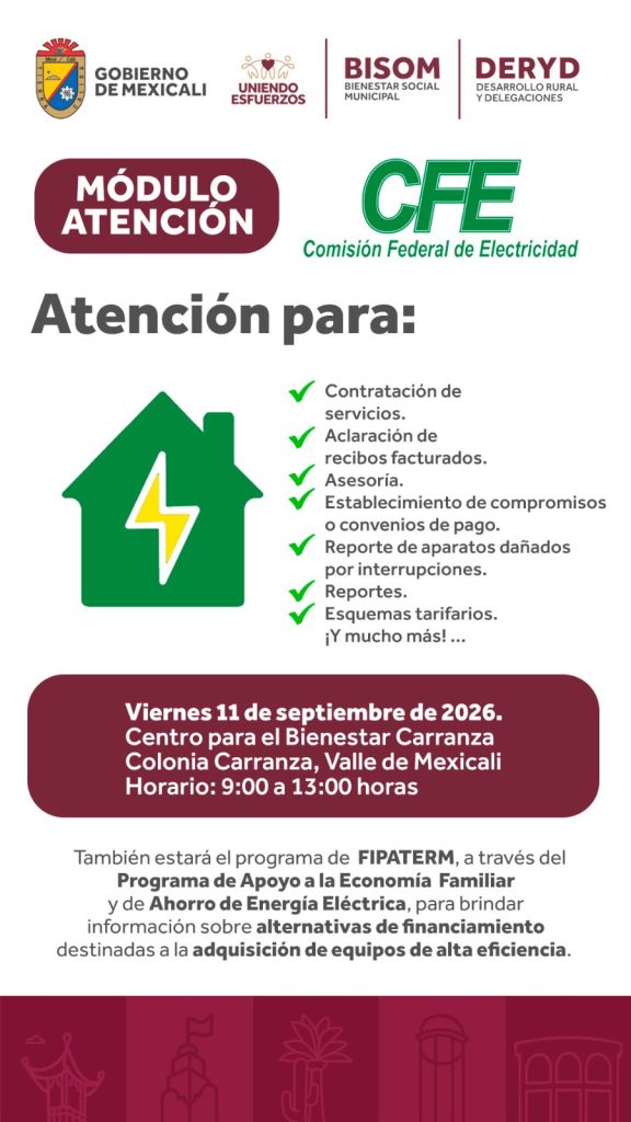 Instalará CFE módulos temporales en Centros de Bienestar del Valle de Mexicali