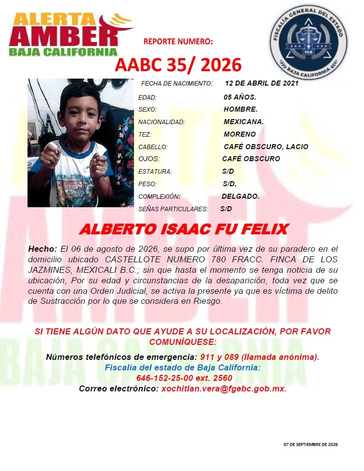 Alerta Amber: buscan a Alberto Isaac Fu Félix de 5 años de edad