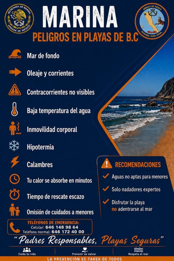Marina exhorta a la población a prevenir riesgos y peligros en las playas de Baja California
